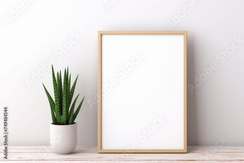 White empty vintage wooden picture frame hangs on a textured interior wall for a touch of architectural decoration with green plants close white wall. Frame mockup, 3d poster mockup © Sittipol 