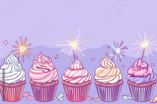 a border of whimsical cartoon cupcakes adorned with surprise sparklers  ideal for creating engaging April Fools  Day graphics or celebratory event designs.