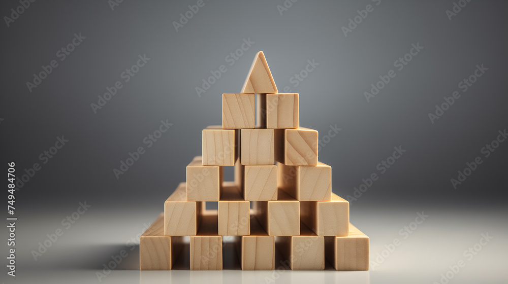 wooden cube blocks in pyramid structure on a grey background, Ai generated image