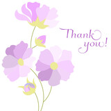 Thank you with flowers card lettering. Pink flower with bud. Spring flowers.