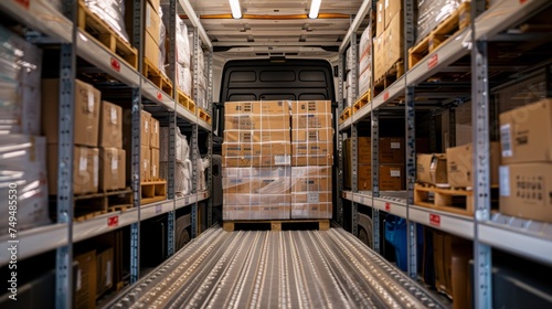 Inside view of a delivery van with shelves filled with various sized cardboard boxes, depicting logistics and shipment concepts.