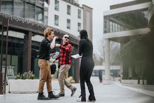 Three entrepreneurs engaging in a business meeting outdoors, with modern architecture surrounding them.