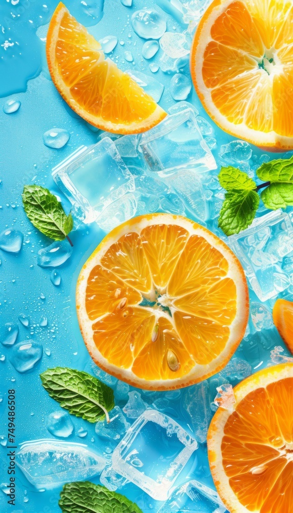 Juicy and fresh slices of ripe oranges with fresh green mint leaves and ice cubes on a light blue background, wallpaper Juicy and fresh slices of ripe oranges with fresh green mint leaves and ice cubes on a light blue background, wallpaper