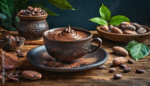 A cup of hot chocolate with coffee and cacao beans  and cinnamon on a brown wooden table 