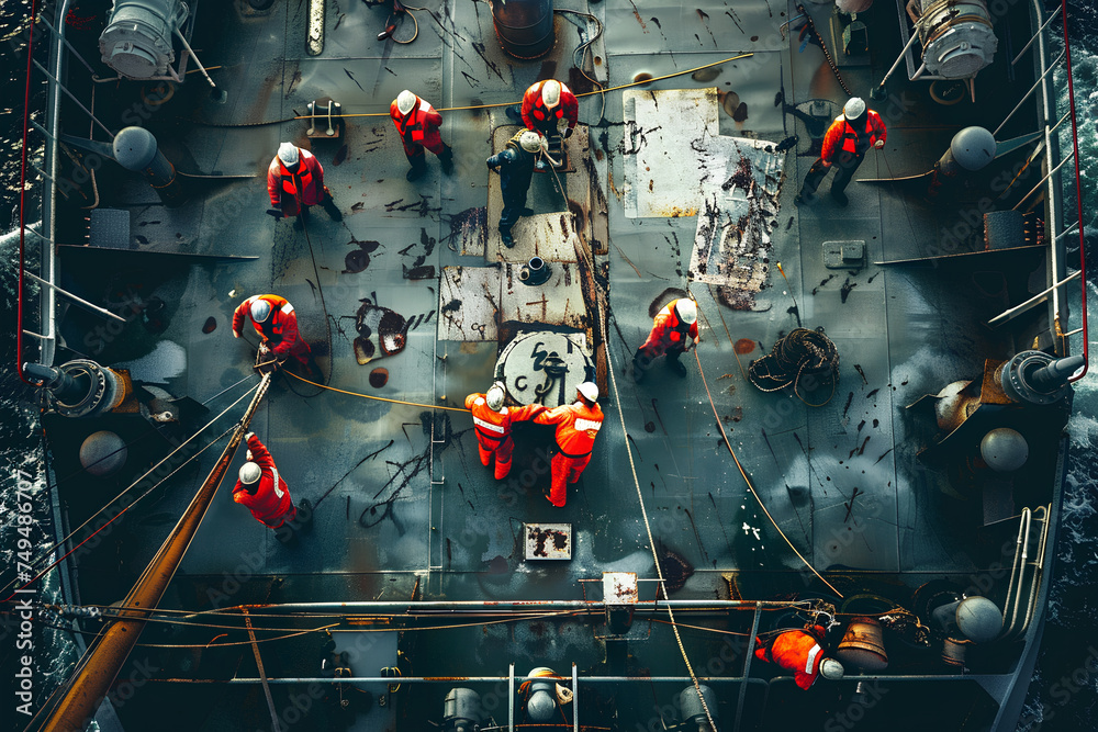 Obraz premium A wide-angle photograph captures the teamwork of a yacht crew assembled on deck, depicting the dynamic and cohesive collaboration aboard the vessel.