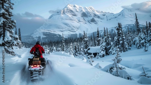 A solitary rider on a snowmobile traverses a pristine snow-covered landscape, with majestic mountains in the backdrop during the quiet of dusk.