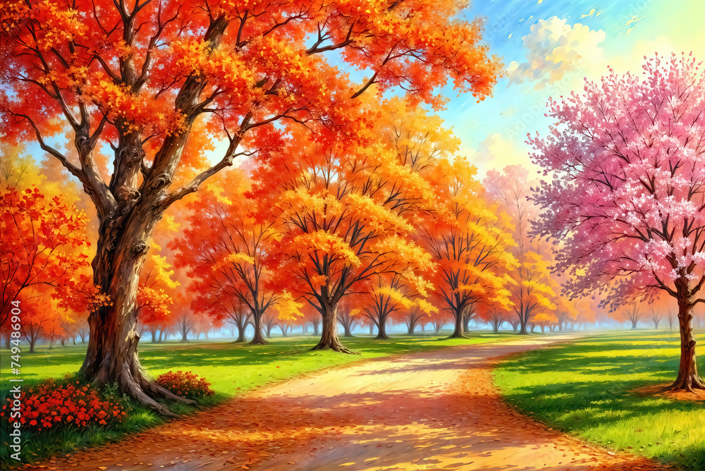 Naklejka premium Oil painting an autumn colorful landscape, beautiful orange red trees in the forest