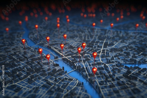 Location pin pointers with city map 3d rendering background, world map