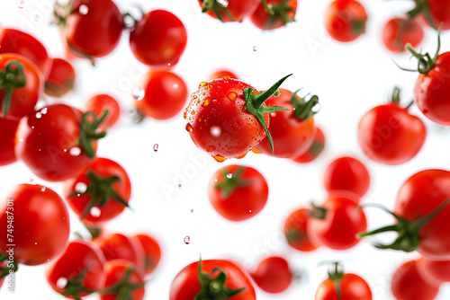 fresh tomatoes falling in the air on a white isolated background 