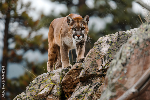 Mountain lion in Rocky Mountains habitat, rugged cliffs and pine forests.