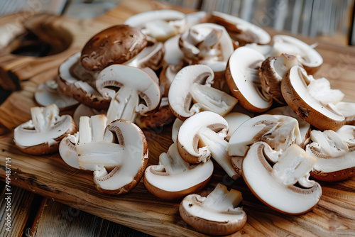 Slices of champignon mushrooms displayed on a rustic wooden kitchen board.