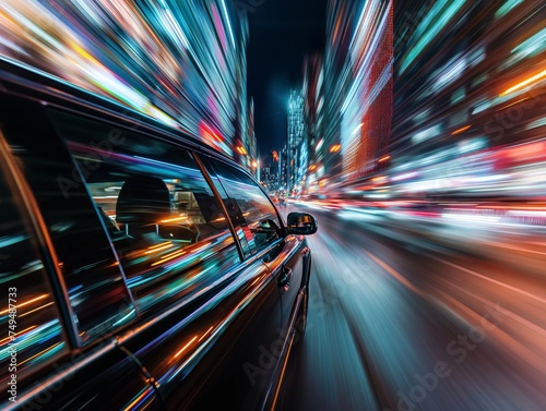 Speeding through a city at night, the blur of lights crafts a vibrant symphony of urban velocity.
