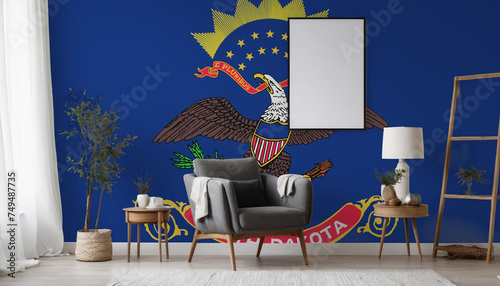 Medicine and healthcare concept North Dakota flag on the wall in the interior of the room. Concept of buying and selling real estate, mortgages in the North Dakota photo
