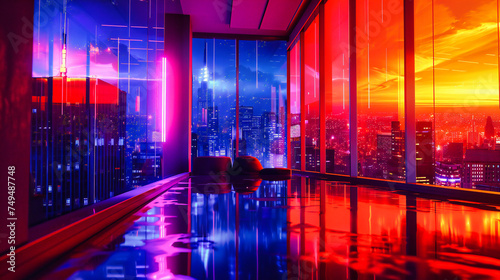 Dynamic Cityscape Night View with Skyscrapers and Colorful Lights, Creating a Futuristic Urban Business Scene