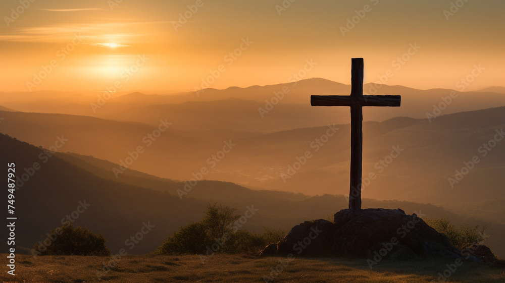 In the early morning light, a cross majestically stands, creating a solemn and peaceful scene.