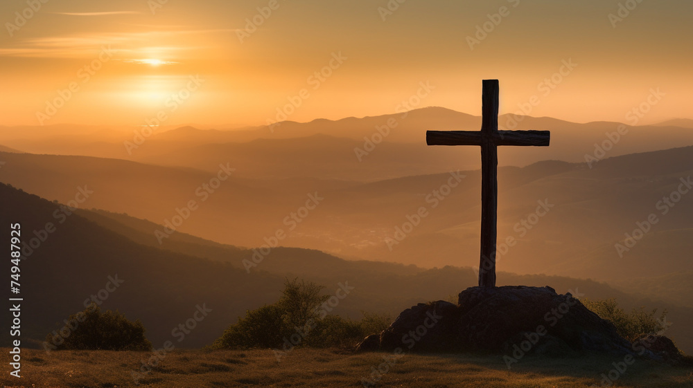 In the early morning light, a cross majestically stands, creating a solemn and peaceful scene. In the early morning light, a cross majestically stands, creating a solemn and peaceful scene.