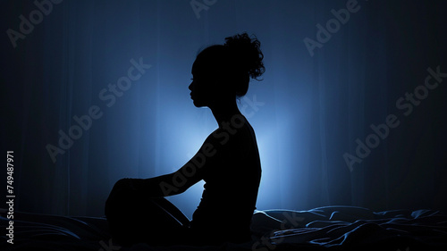 Amidst the quiet atmosphere of the dark room, there was a woman sitting lonely on the bed, evoking a sense of solitude and contemplation.