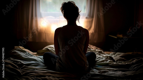 Amidst the quiet atmosphere of the dark room, there was a woman sitting lonely on the bed, evoking a sense of solitude and contemplation.