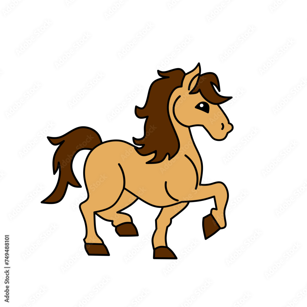 Horse cartoon character in Kawaii style. Handrawn vector illustration. Isolated on white 