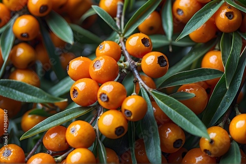 Close-up of Sea Buckthorn Berries Hippophae rhamnoides on Branch photo