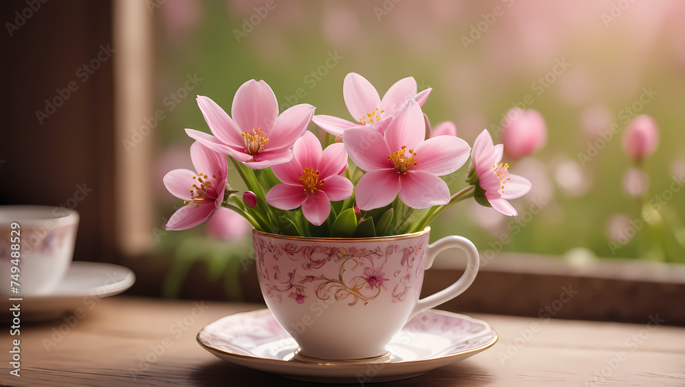 cup of coffee with pink flowers cup of coffee with pink flowers