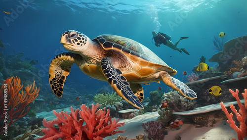 Turtle in the Ocean Surrounded by Coral: Healthy Environment Concept. green sea turtle