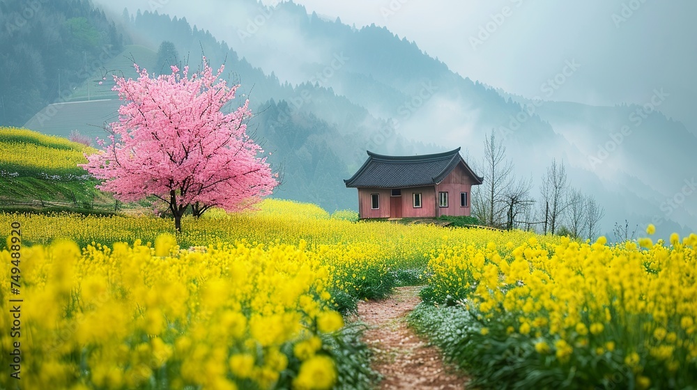 Fototapeta premium spring beauty, distant green mountains, house, mist, cherry blossoms, rapeseed flower fields beautiful landscape