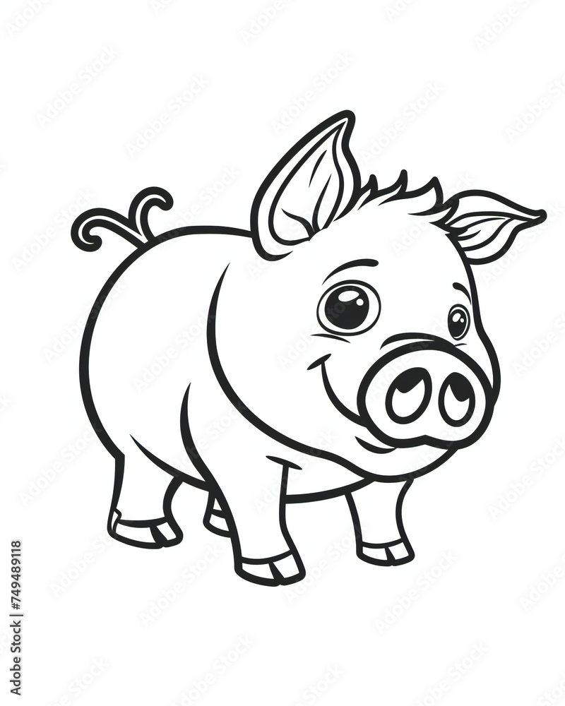 A black and white illustration of a cute, happy piglet. This image is perfect for: coloring books, educational materials, animal-themed content.