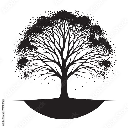A Single Sycamore Leaf on a Bare Sycamore Tree Silhouette - A Symbol of Hope and Perseverance - Illustration of Sycamore Tree - Vector of Sycamore Tree - Silhouette of Sycamore Tree 