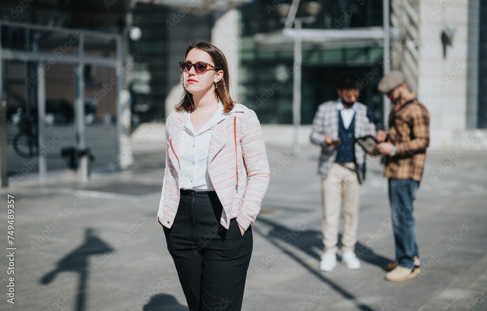 A young woman in business attire stands confidently in the foreground, while her male colleagues discuss work in the background in an outdoor urban setting.