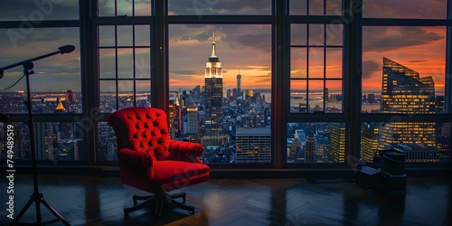 Elegant red armchair by the window overlooking a cityscape at dusk. modern interior design. cozy urban living space. AI