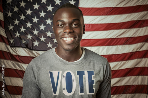 young black male usa American election voter portrait in front of American flag photo