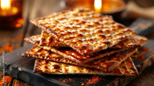 Close up of traditional matzah bread showing texture, patterns, and details on surface photo