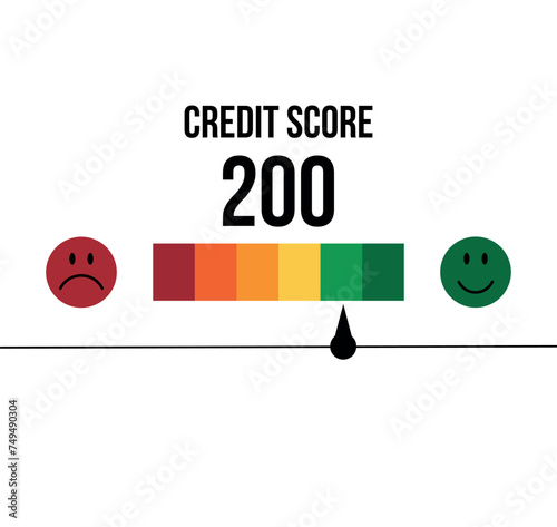 200 credit score. Credit meter, person analysis concept and personal loan, financial information concept