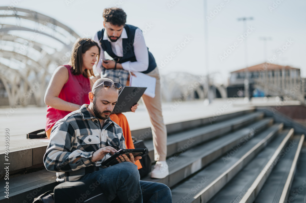 Three young professionals discussing business strategies and profitability while using digital devices in a cityscape. Three young professionals discussing business strategies and profitability while using digital devices in a cityscape.