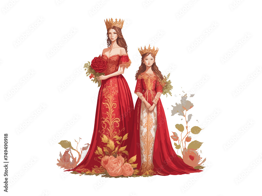 Mother's day concept, Queen Mom and daughter with royal crown illustration decorated by flowers, clipart Mother's day concept, Queen Mom and daughter with royal crown illustration decorated by flowers, clipart