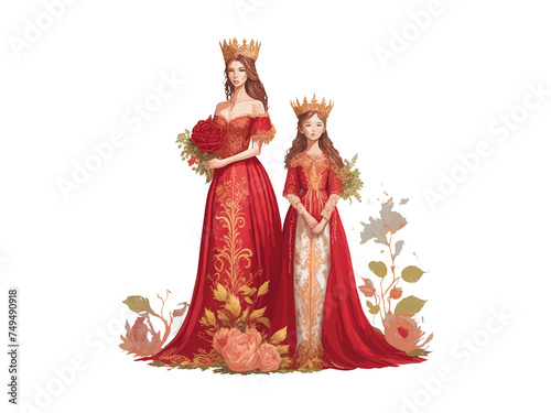  Mother's day concept, Queen Mom and daughter with royal crown illustration decorated by flowers, clipart