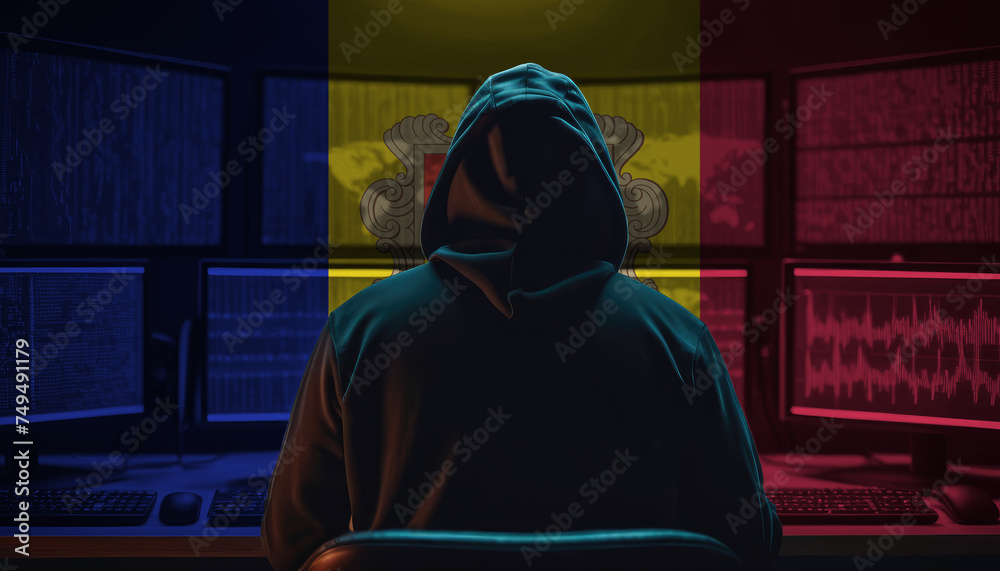 Cyber threat from the Andorra. Hacker at the computers on a background of monitors, colors of the Andorra flag.