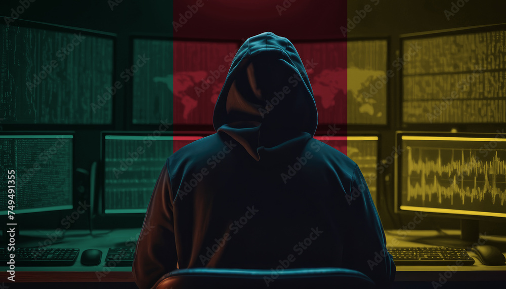 Cyber threat from the Cameroon. Hacker at the computers on a background of monitors, colors of the Cameroon flag.