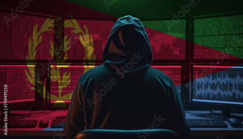 Cyber threat from the Eritrea. Hacker at the computers on a background of monitors, colors of the Eritrea flag.
