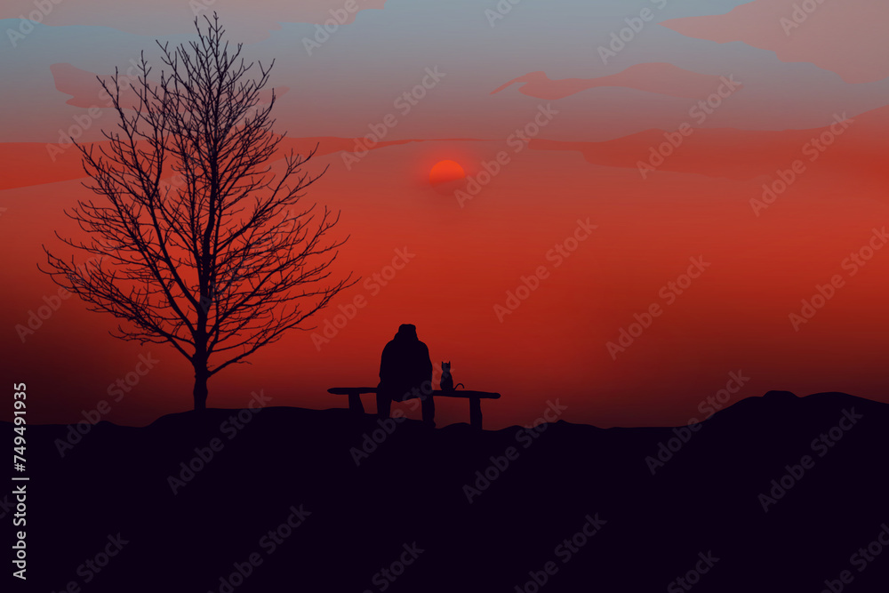 The man sitting contemplating something. The sun goes down into the evening Lofi Picture. Aesthetic.