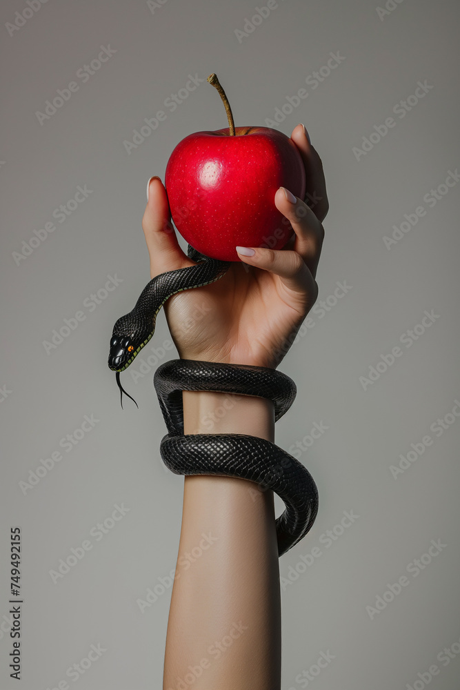 Red apple, black snake, hand of woman. Temptation concept. Hand of Eve holding a red fruit and a snake coiled up her arm. Freewill. Fruit of good and evil. Disobedience concept. Isolated background. - obrazy, fototapety, plakaty 