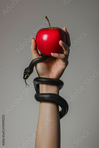 Red apple, black snake, hand of woman. Temptation concept. Hand of Eve holding a red fruit and a snake coiled up her arm. Freewill. Fruit of good and evil. Disobedience concept. Isolated background.