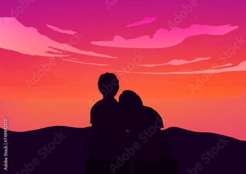 The man and girl standing watching the sunset. A couple is on a date at sunset. Lofi. Aesthetic