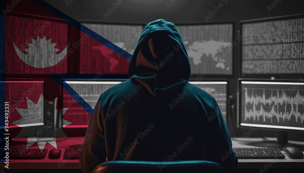 Cyber threat from the Nepal. Hacker at the computers on a background of monitors, colors of the Nepal flag.