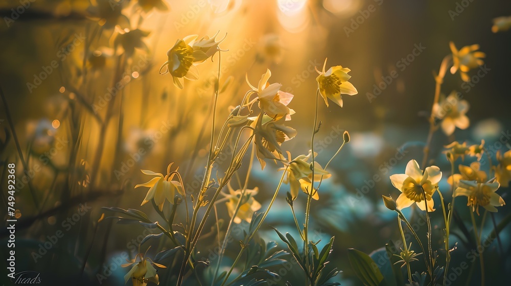 Golden hour glow over wildflowers, nature's beauty captured. serene, soothing imagery ideal for calm spaces. perfect for mindfulness and relaxation. AI