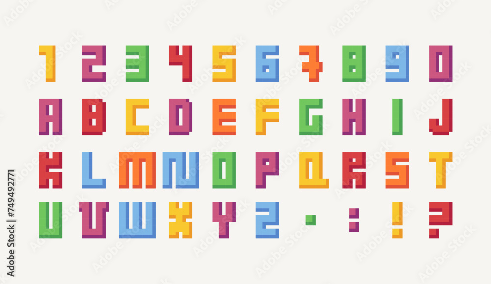 Pixel art font. 8 bit English alphabet. Game development, mobile app type. Isolated vector illustration. Cross stitch pattern.