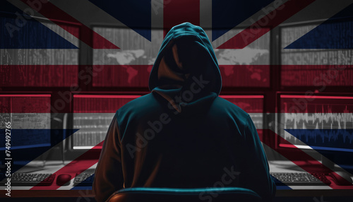 Cyber threat from the United Kingdom. Hacker at the computers on a background of monitors, colors of the United Kingdom flag.