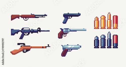 Weapons pixel art set. Guns, rifle and bullets collection. 8 bit. Game development, mobile app. Isolated vector illustration. Cross stitch pattern.
