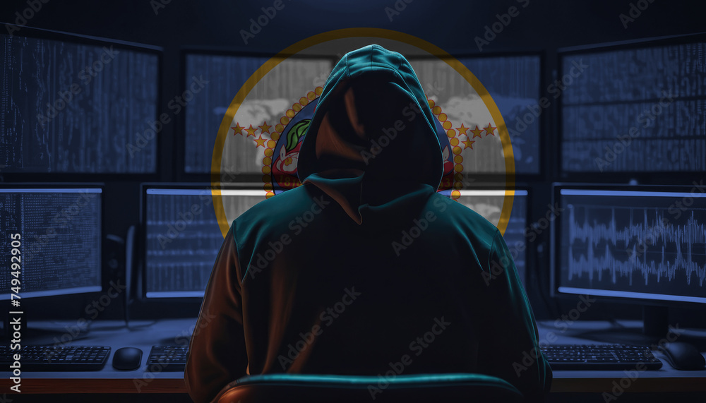 Cyber threat from the Minnesota. Hacker at the computers on a background of monitors, colors of the Minnesota flag.